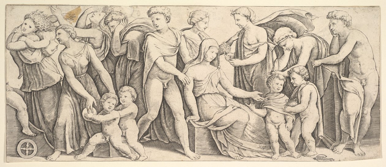 O casamento de Jason e Creusa, à esquerda Medea leva seus filhos, 1530-60. de Master of the Die