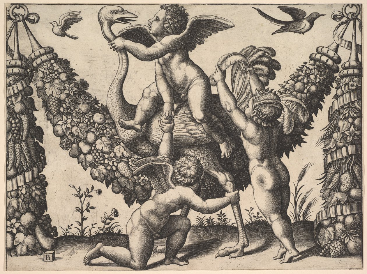 Três putti perante uma grande grinalda, o do meio monta uma avestruz, de um ..., ca. 1530-40. de Master of the Die