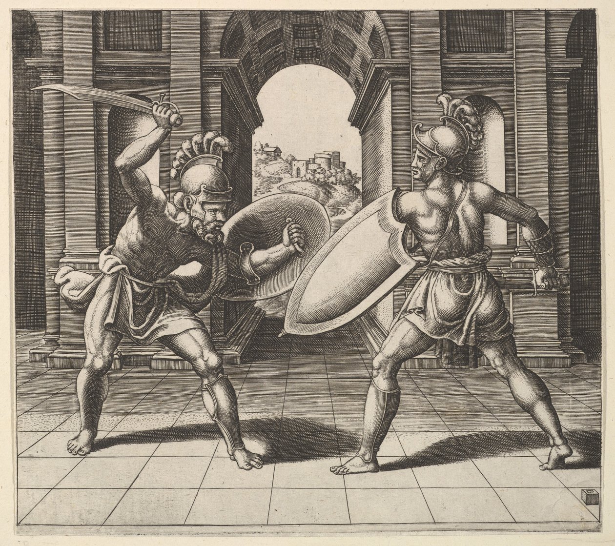 Dois gladiadores lutando na frente de um arco, 1530-60. de Master of the Die