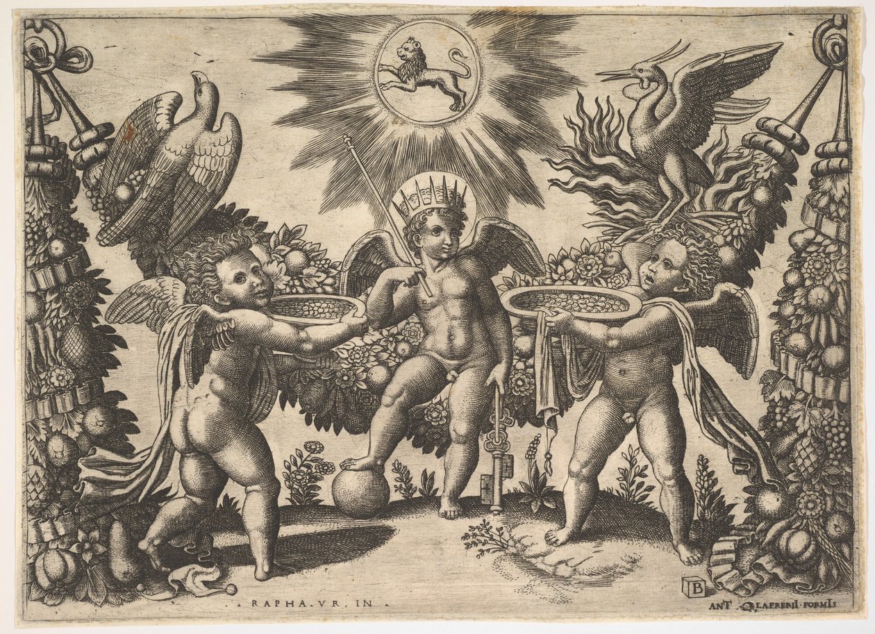 Dois putti apresentando taças cheias de ouro a um putto disfarçado de deus das riquezas..., c. 1530-40. de Master of the Die