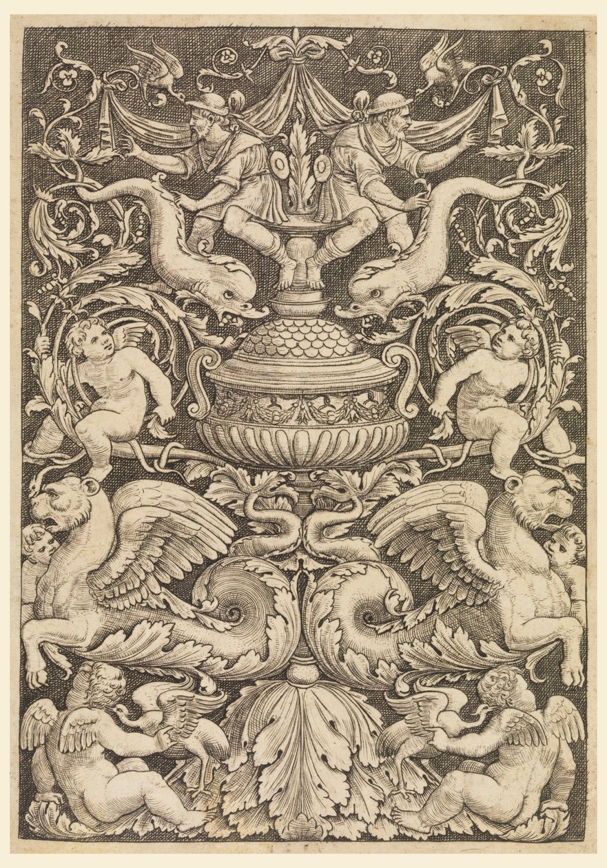 Grotesco com golfinhos e leões alados de Master of the Die, Italian or German, 1530 1560