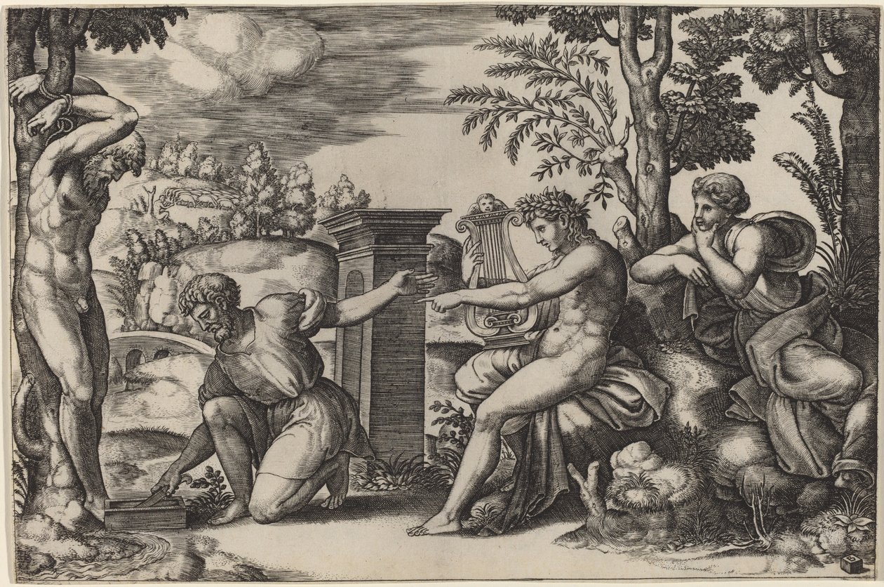 Apolo e Marsias de Master of the Die after Raphael
