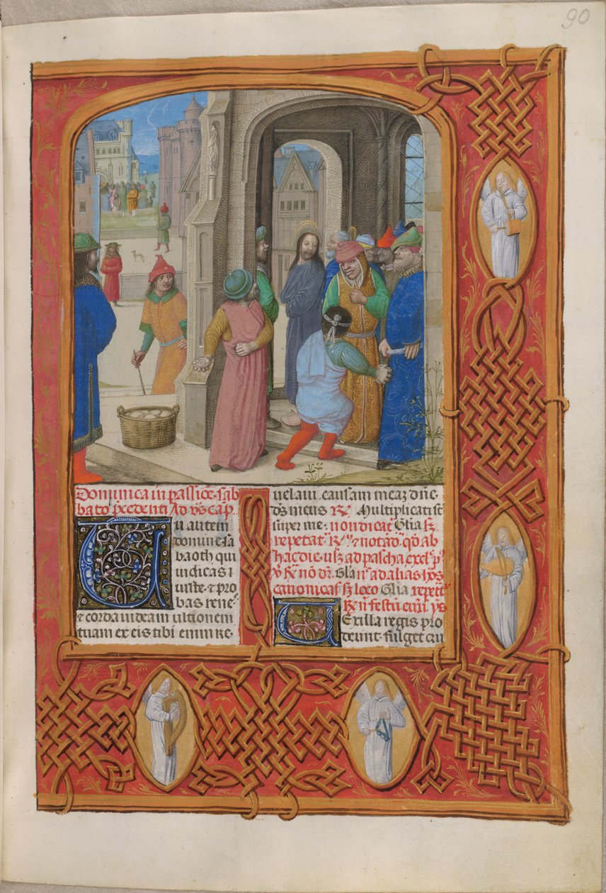 Temporal (1ª parte: do Primeiro Domingo do Advento ao Sábado Santo).
Os judeus ameaçam apedrejar Cristo por blasfémia no Templo de Salomão (Domingo de Paixão). Fronteira contendo anjos. Duas colunas de texto. de Master of the Dresden Prayer Books