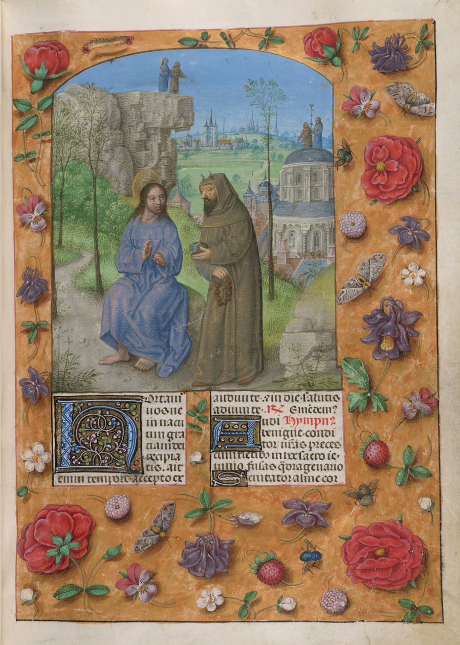 A tentação de Cristo.
Tempo; Quaresma 1. Cristo com o diabo, vestido como um monge, segurando uma pedra. Atrás, as outras tentações; Cristo e o diabo sobre uma rocha, e sobre a cúpula do Templo.Texto com 