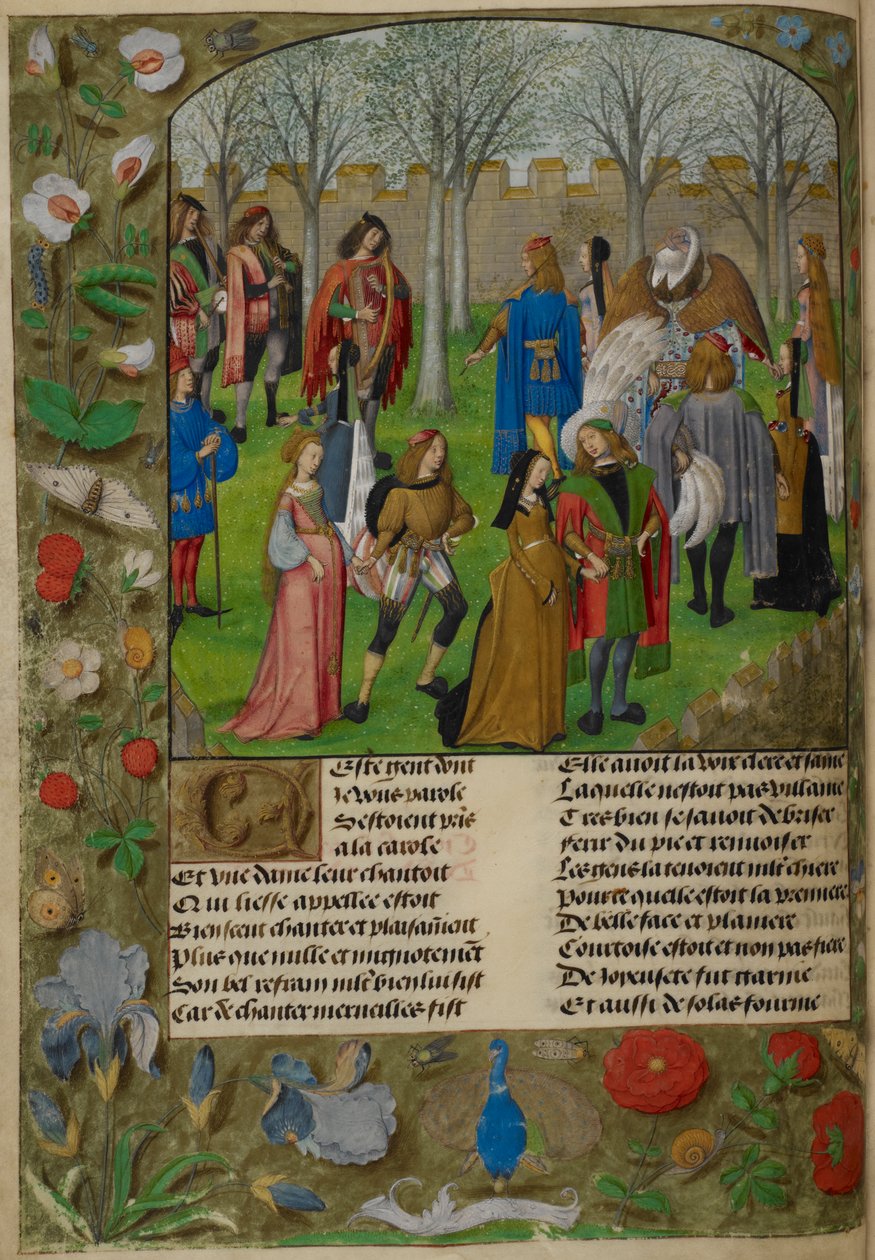 O Cântico no Jardim. O Amante é convidado a dançar com um grupo de casais liderado por Sir Mirth e Lady Gladness, de 