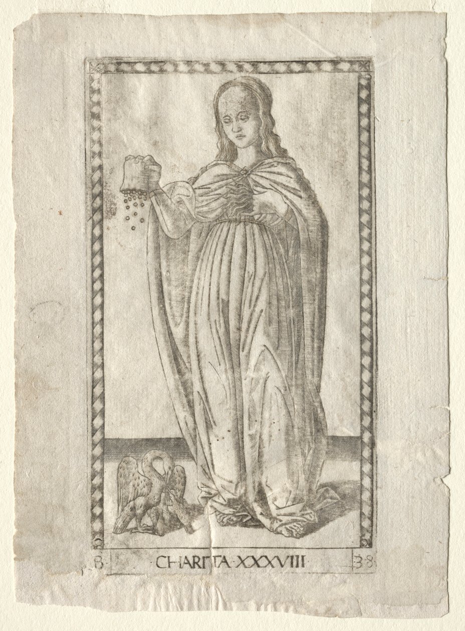 Caridade do Tarocchi, série B: Princípios e Virtudes Cósmicos, nº 38, antes de 1467. de Master of the E Series Tarocchi