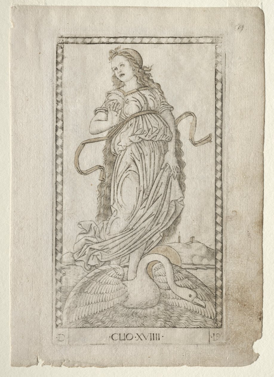 História do Clio da série Tarocchi D: Apolo e as Musas, nº 19, antes de 1467. de Master of the E Series Tarocchi