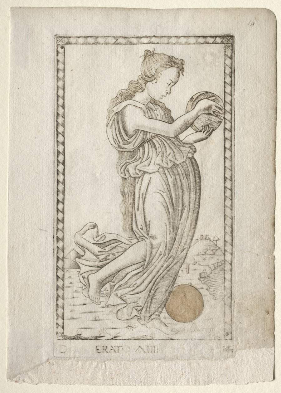 Letra da música Erato e poesia de amor da série Tarocchi D ..., antes de 1467. de Master of the E Series Tarocchi