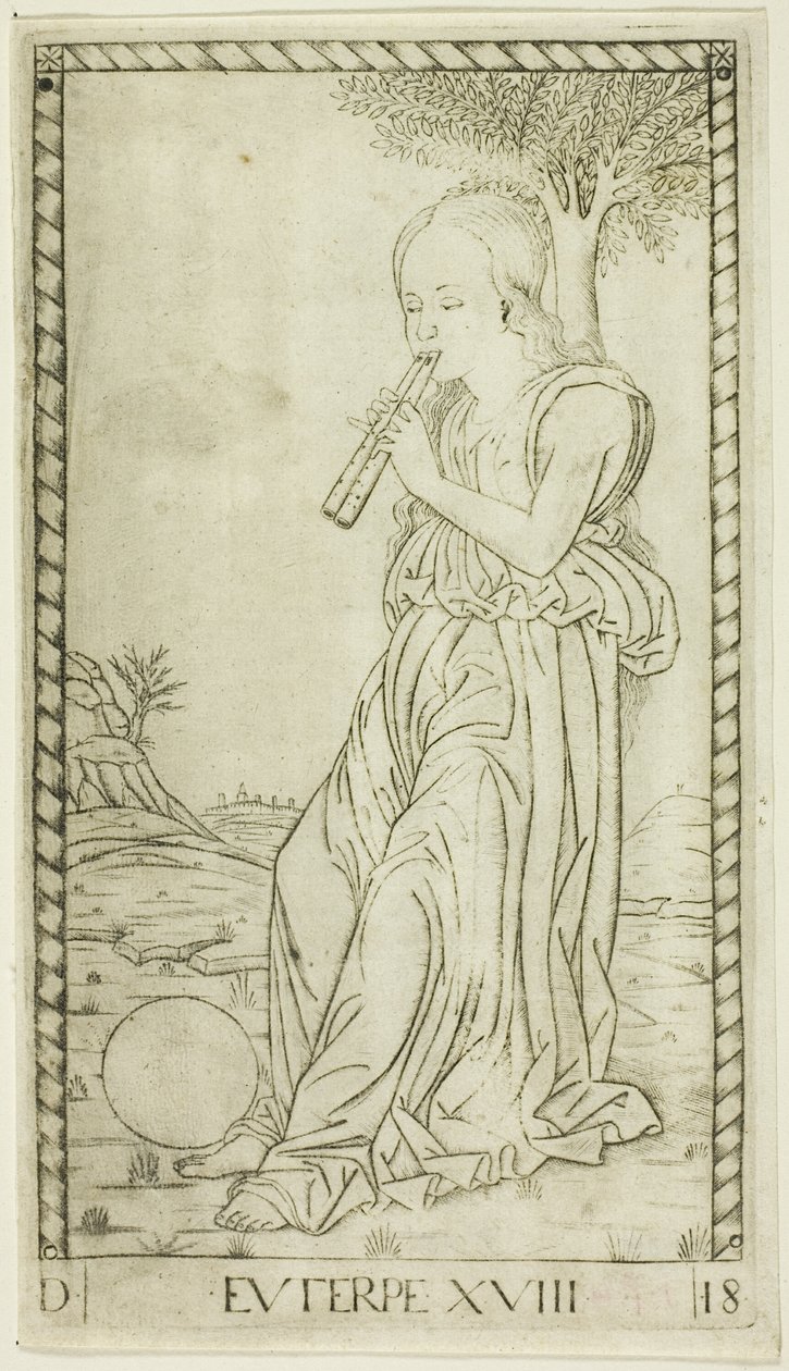 Euterpe, placa dezoito de Apolo e as Musas de Master of the E Series Tarocchi