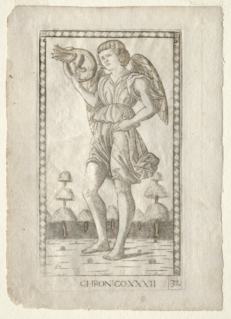 Gênio do tempo do Tarocchi, série B: Princípios e virtudes cósmicas, nº 32, antes de 1467. de Master of the E Series Tarocchi
