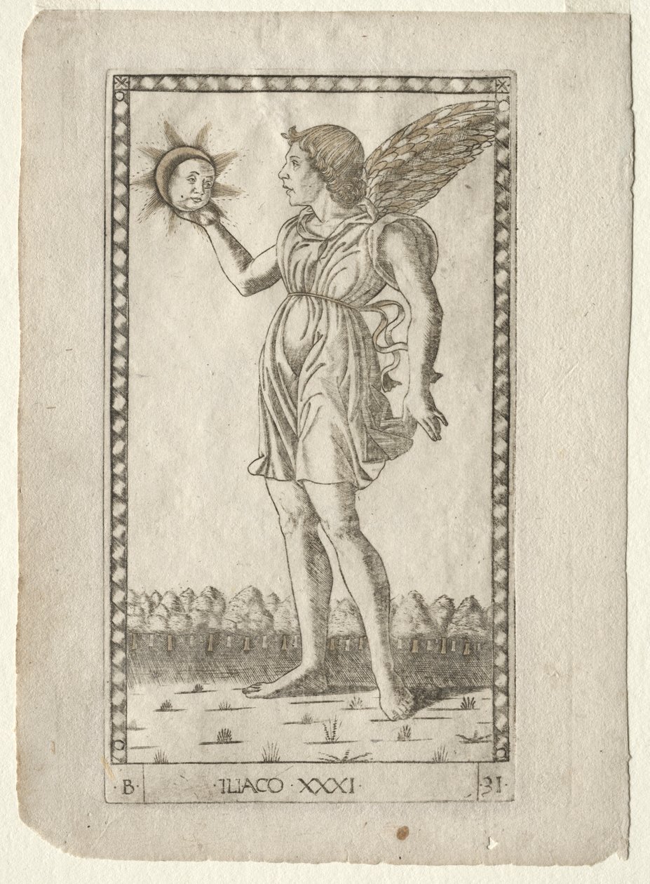 Gênio do Sol do Tarocchi, série B: Princípios e Virtudes Cósmicas, nº 31, antes de 1467. de Master of the E Series Tarocchi