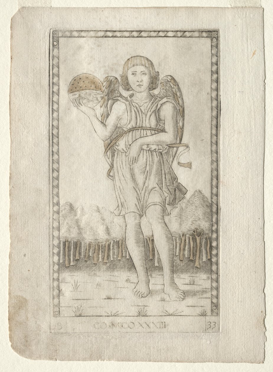 Gênio do mundo do Tarocchi, série B: Princípios e virtudes cósmicas, nº 33, antes de 1467. de Master of the E Series Tarocchi