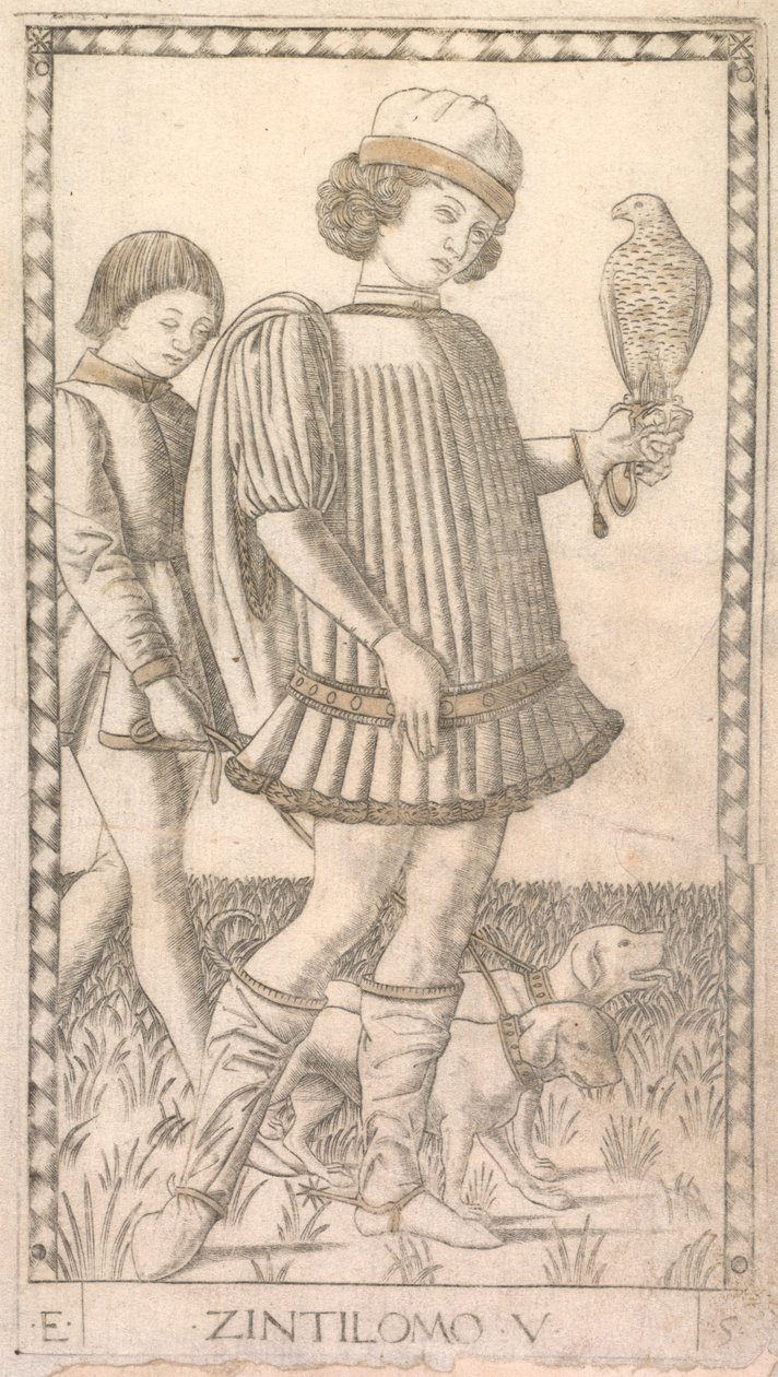 Cavalheiro da série E de Tarocchi: Conditions of Man,  5, c. 1465 de Master of the E Series Tarocchi