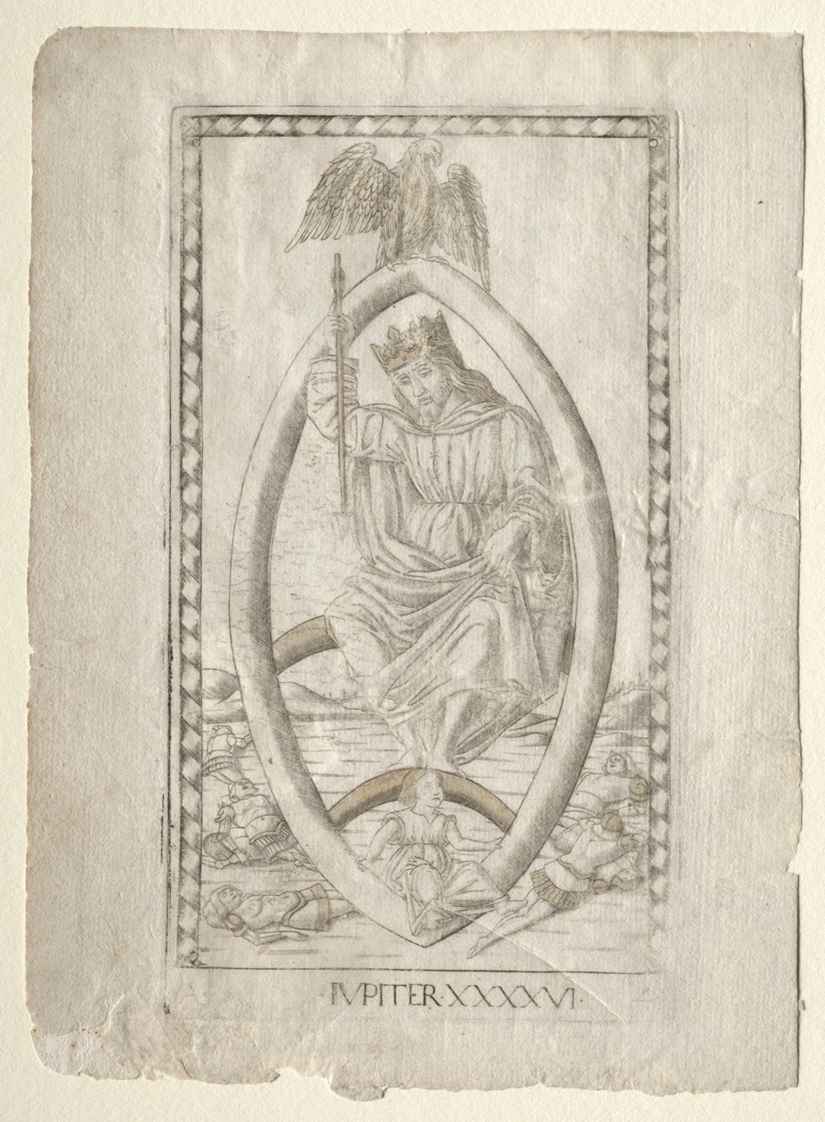 Júpiter do Tarocchi, série A: Firmamentos do Universo, nº 46, antes de 1467. de Master of the E Series Tarocchi
