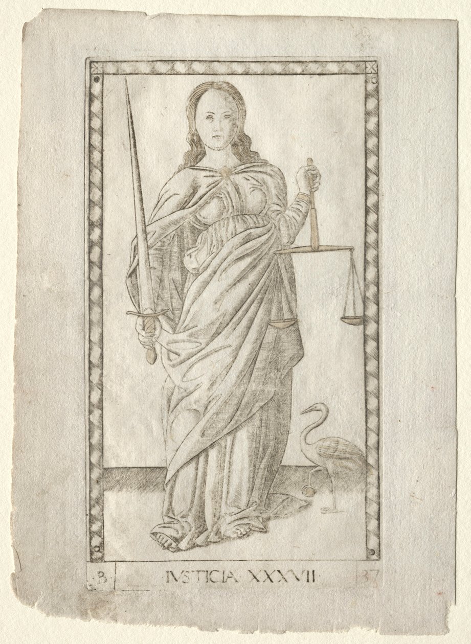 Justiça do Tarocchi, série B: Princípios e Virtudes Cósmicas, nº 37, antes de 1467. de Master of the E Series Tarocchi