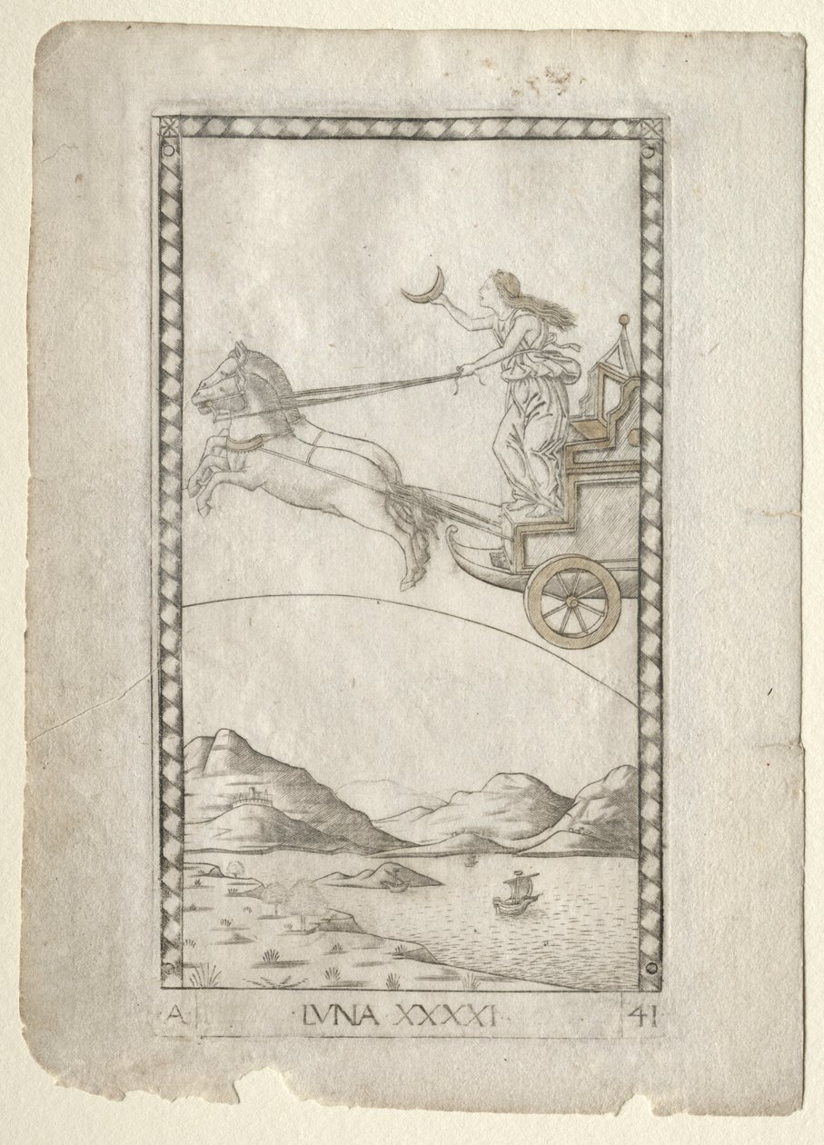Luna do Tarocchi, série A: Firmamentos do Universo, nº 41, antes de 1467. de Master of the E Series Tarocchi