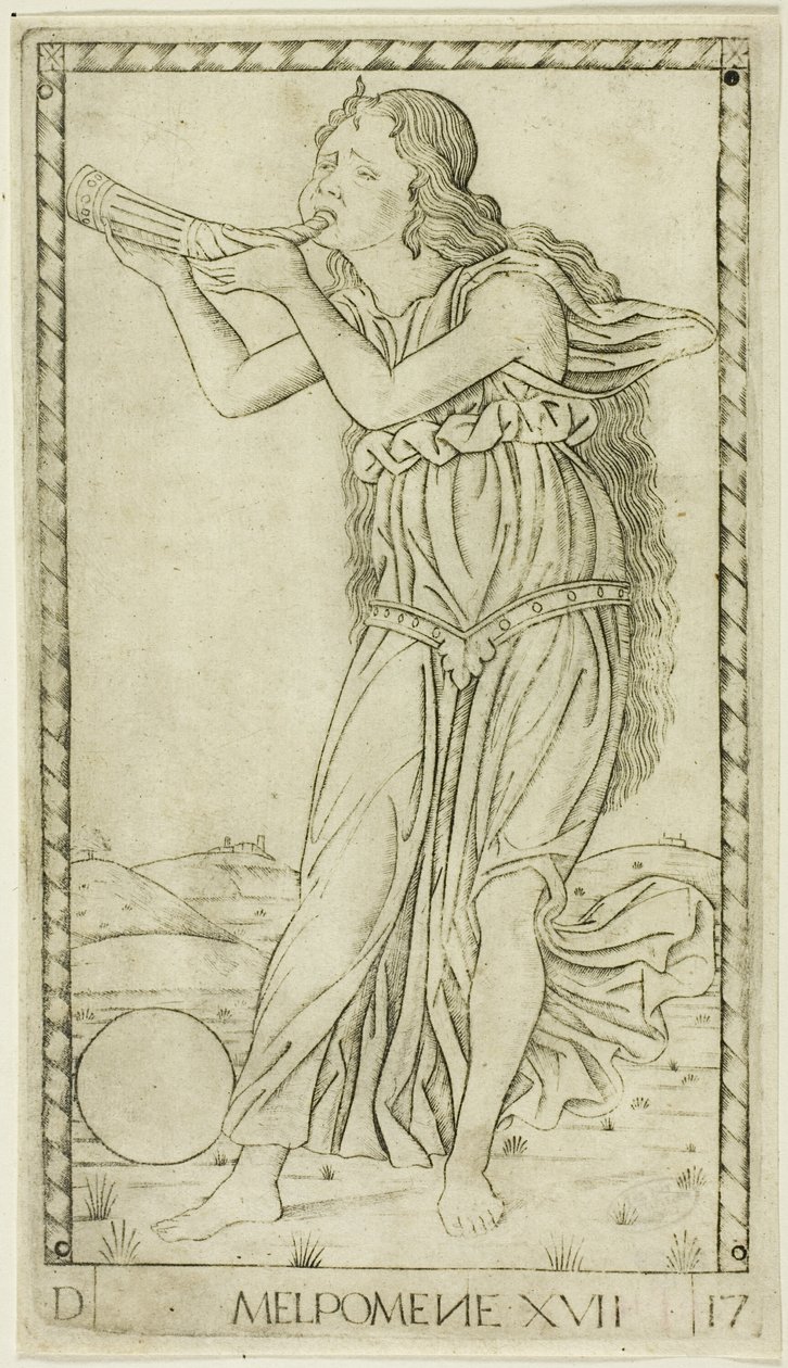 Melpomene, prato dezessete de Apolo e as Musas de Master of the E Series Tarocchi