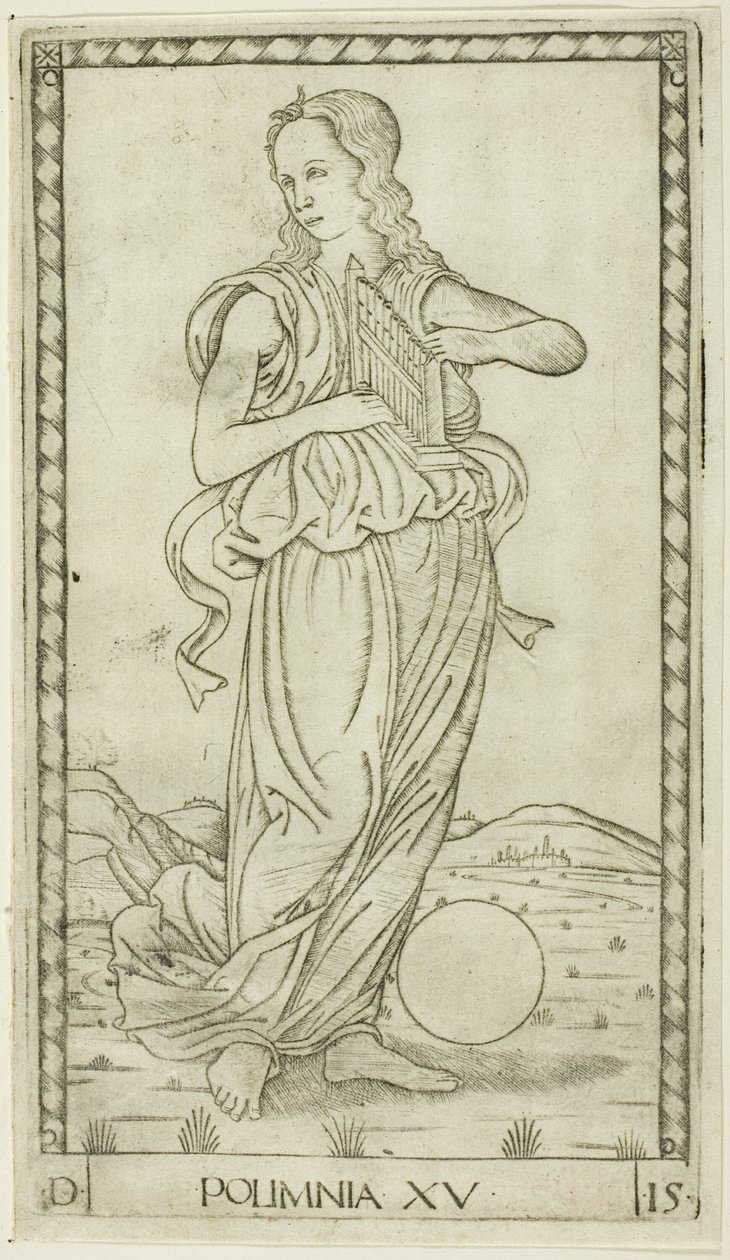 Polyhymnia, placa quinze de Apolo e as Musas de Master of the E Series Tarocchi