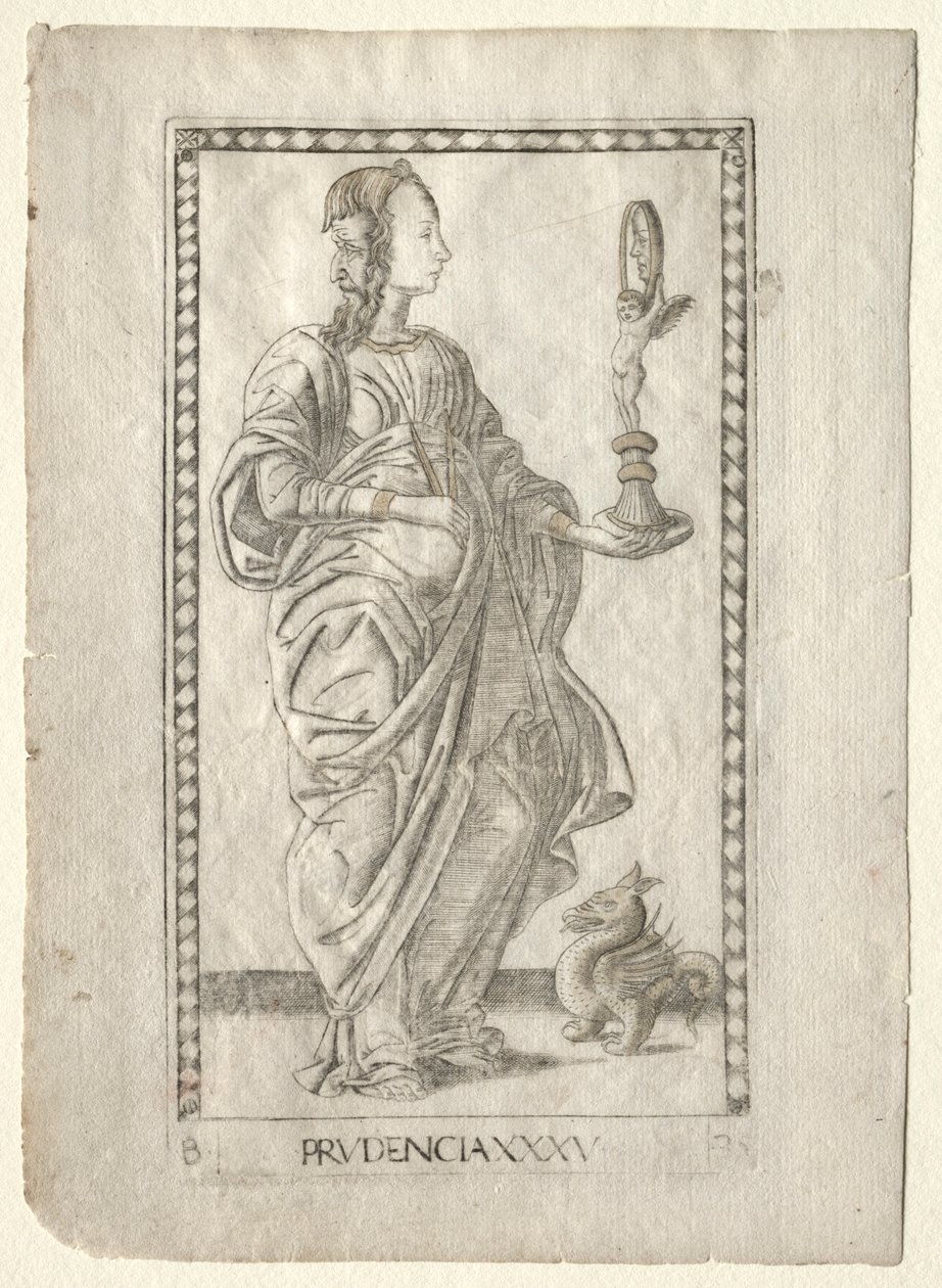 Prudência do Tarocchi, série B: Princípios e Virtudes Cósmicas, nº 35, antes de 1467. de Master of the E Series Tarocchi