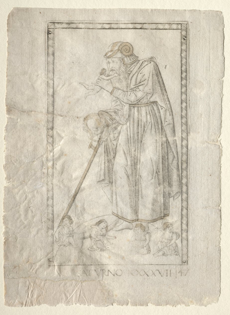 Saturno do Tarocchi, série A: Firmamentos do Universo, nº 47, antes de 1467. de Master of the E Series Tarocchi
