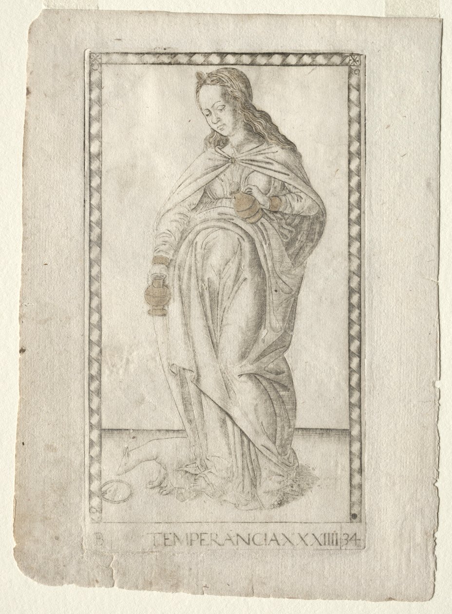 Temperança do Tarocchi, série B: Princípios e Virtudes Cósmicas, nº 34, antes de 1467. de Master of the E Series Tarocchi