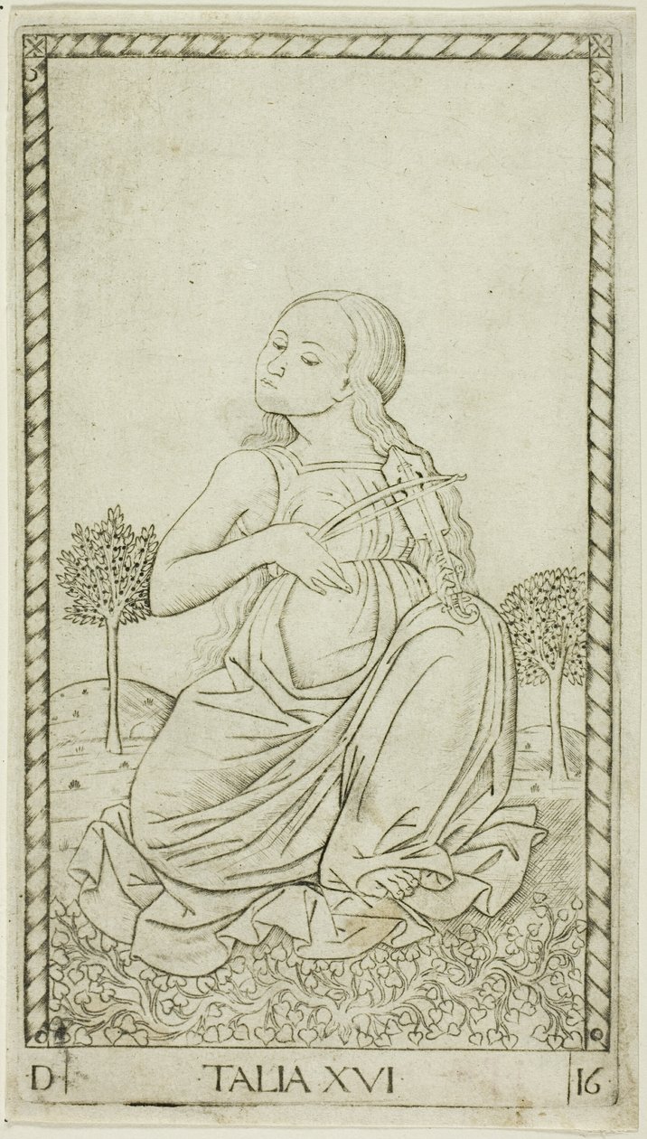 Thalia, prato dezesseis de Apolo e as Musas de Master of the E Series Tarocchi