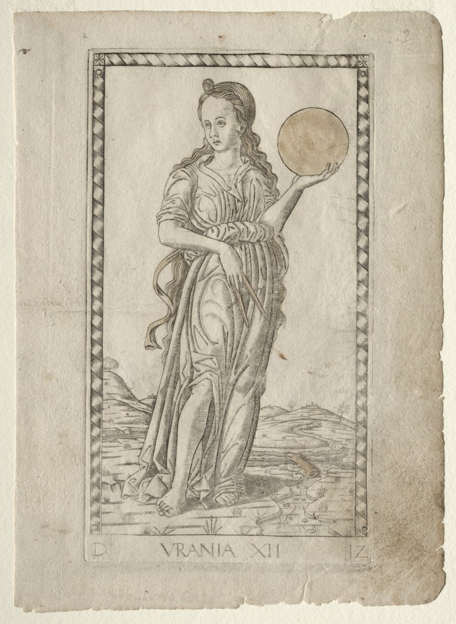 Astronomia de Urania da série D de Tarocchi: Apolo e as Musas, nº 12, antes de 1467. de Master of the E Series Tarocchi