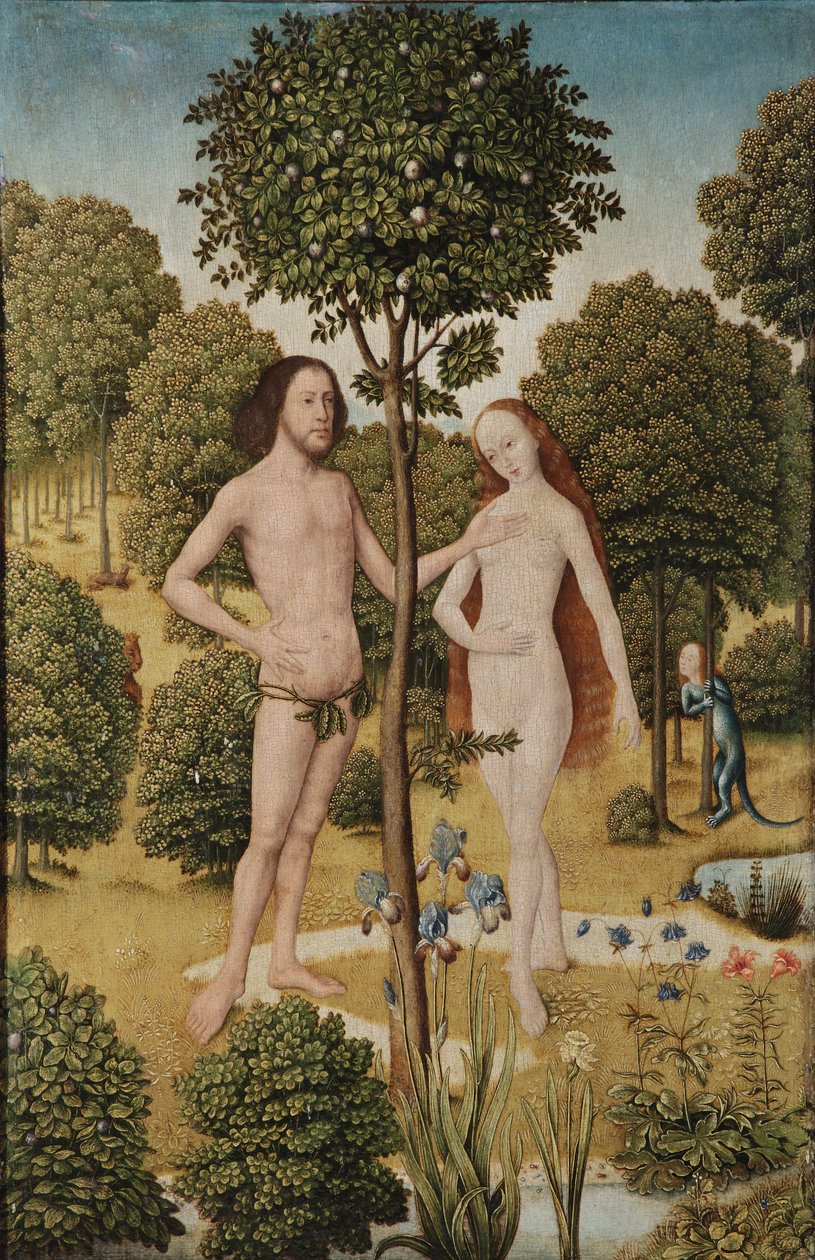 Adão e Eva no Jardim do Éden (óleo no painel) de Master of the Embroidered Foliage