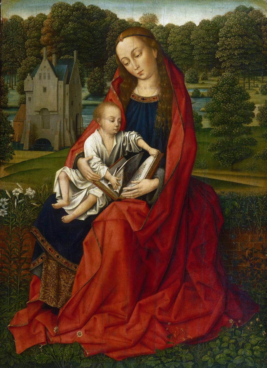 Holandês: Maria conheceu a Virgem e o Menino numa paisagem de Master of the Embroidered Foliage
