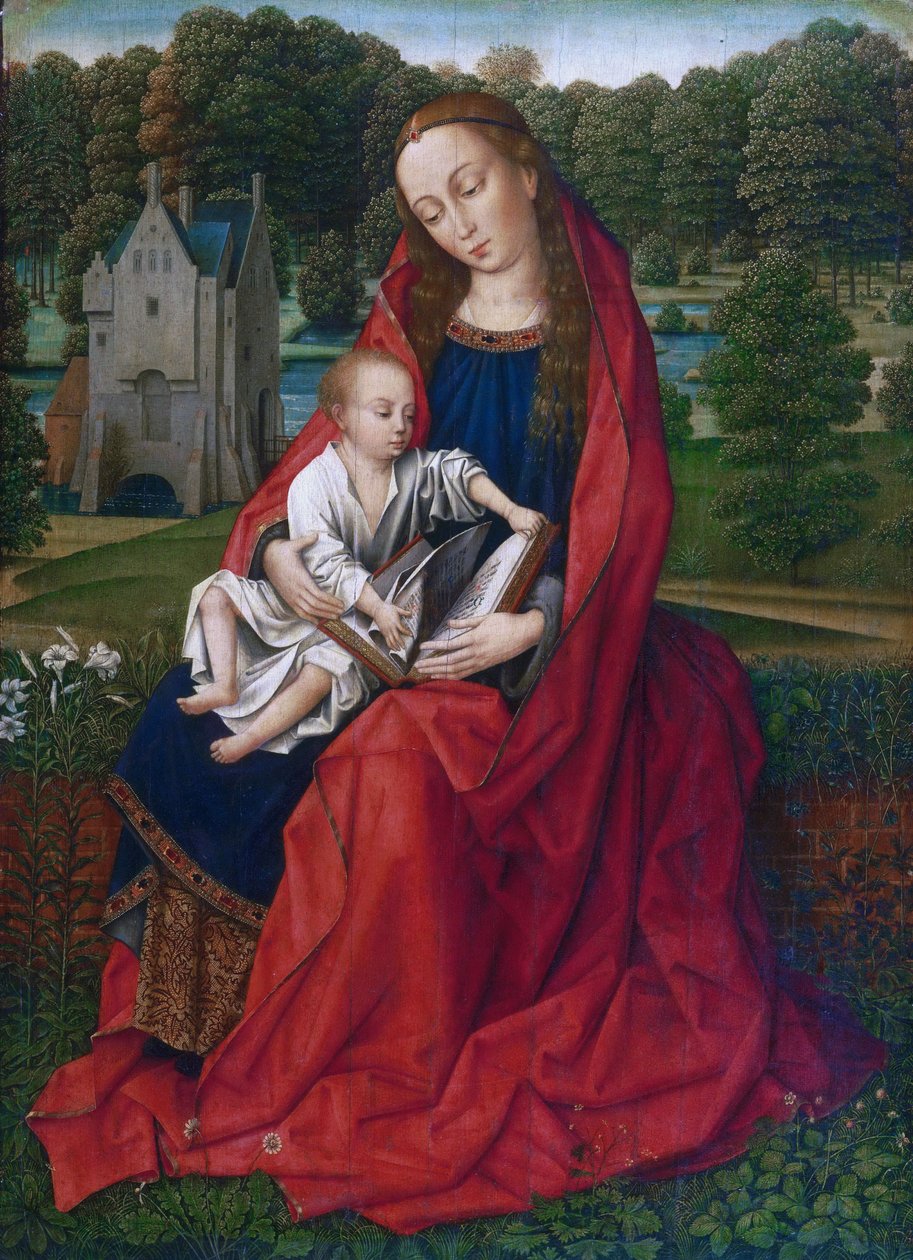 Holandês: Maria conheceu a Virgem e o Menino numa paisagem de Master of the Embroidered Foliage