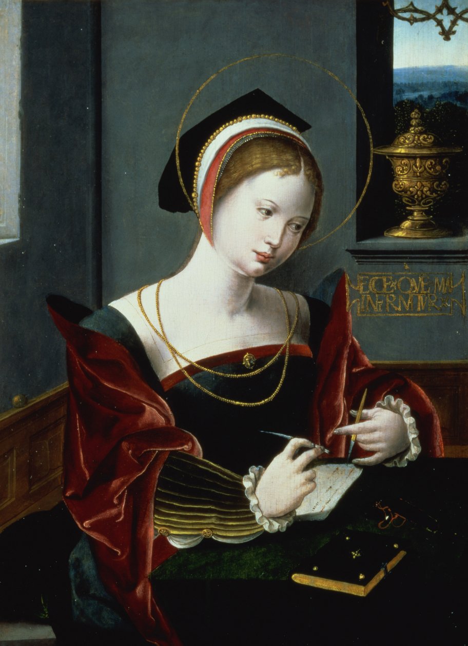 Retrato, de, um, senhora, escrita de Master of the Female Half Lengths