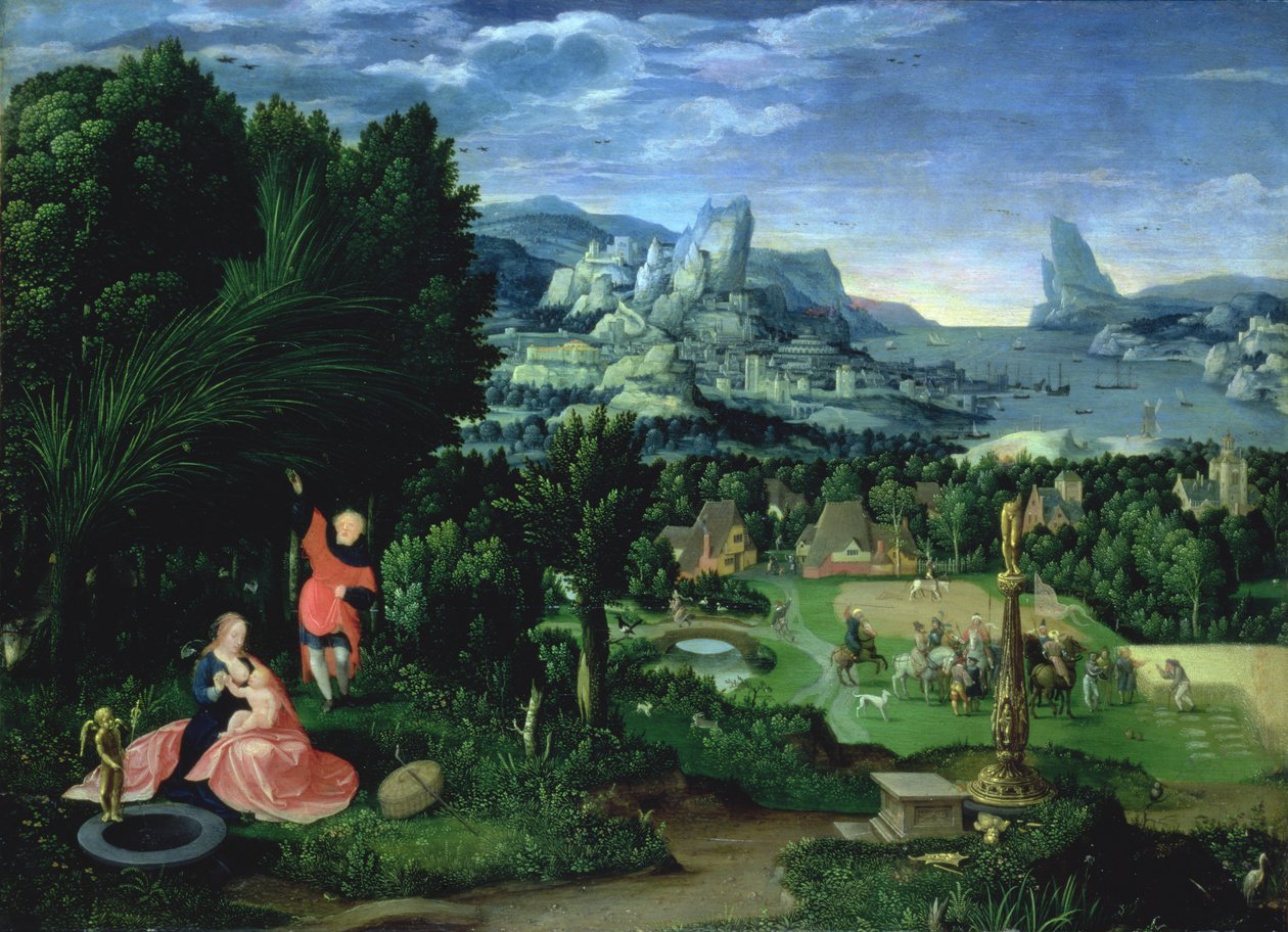 O resto da fuga para o Egito, paisagem pintada por Joachim Patinir (fl.1515-25) (painel) de Master of the Female Half Lengths