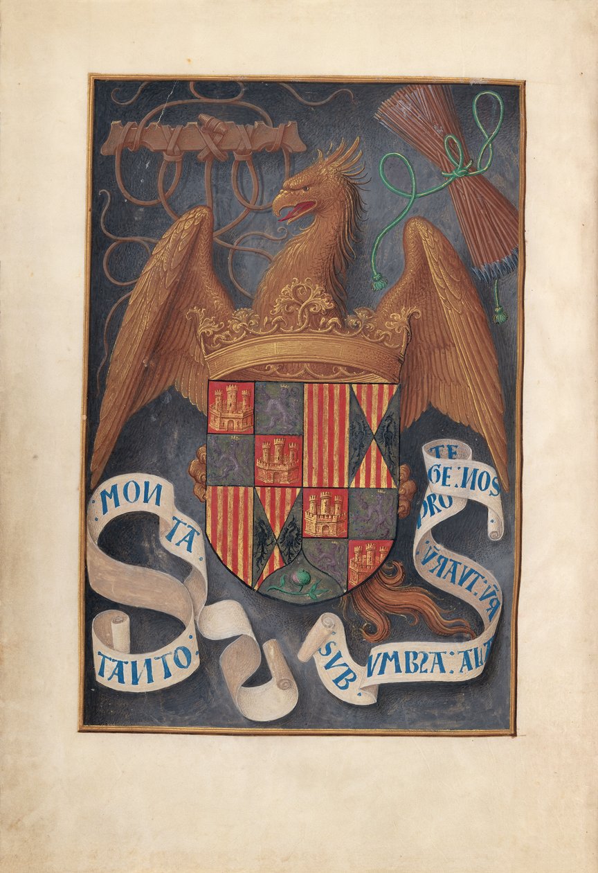Horas da Rainha Isabel, a Católica, Rainha da Espanha: Fol. 1v, Armas e Lemas de Isabel la Católica de Master of the First Prayerbook of Maximillian
