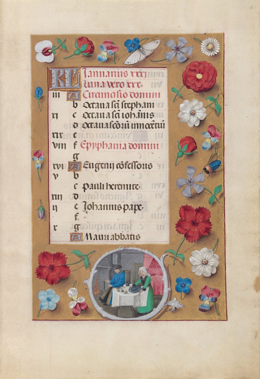 Horas da rainha Isabel, a Católica, rainha de Espanha:  Fol. 2r, janeiro - Festa de Master of the First Prayerbook of Maximillian