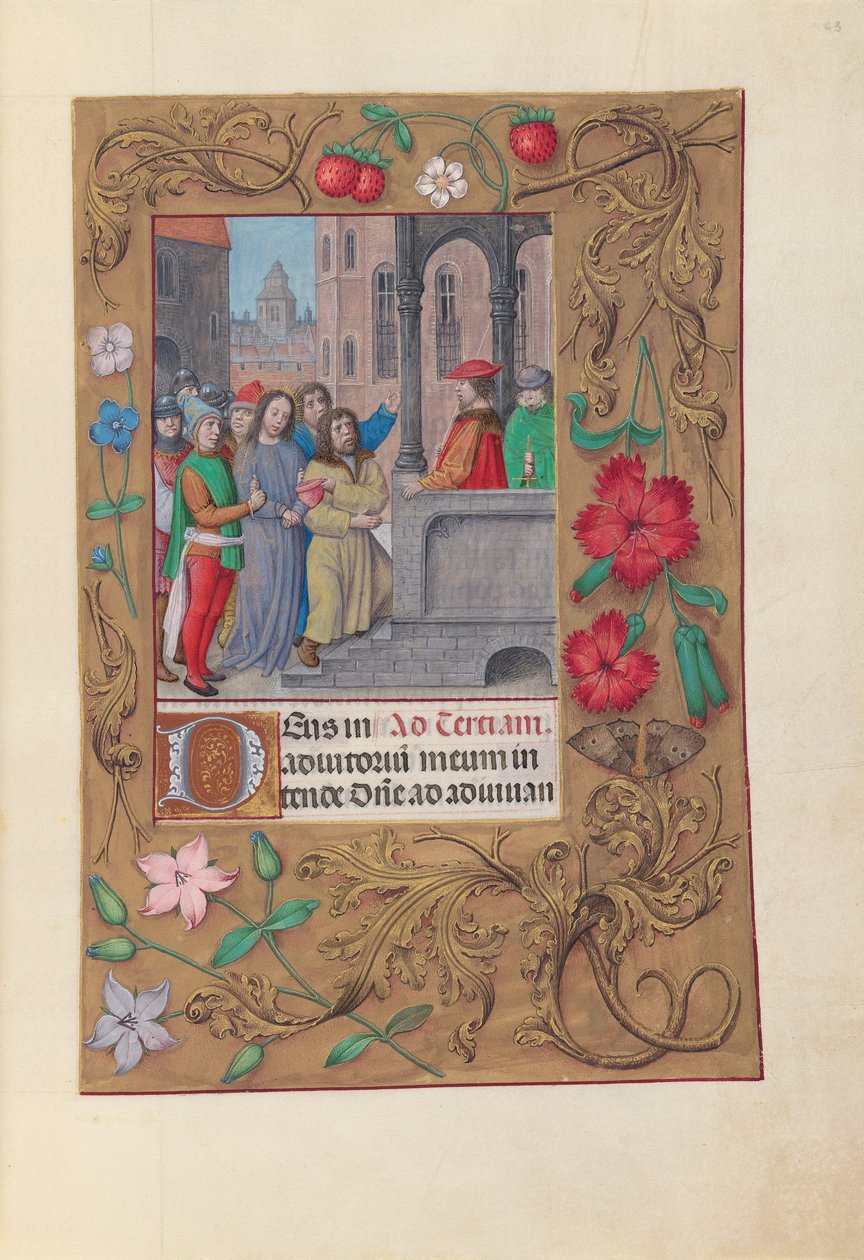 Horas da rainha Isabel, a católica, rainha da Espanha: Fol. 63r, Cristo antes de Pilatos, c. 1500. de Master of the First Prayerbook of Maximillian