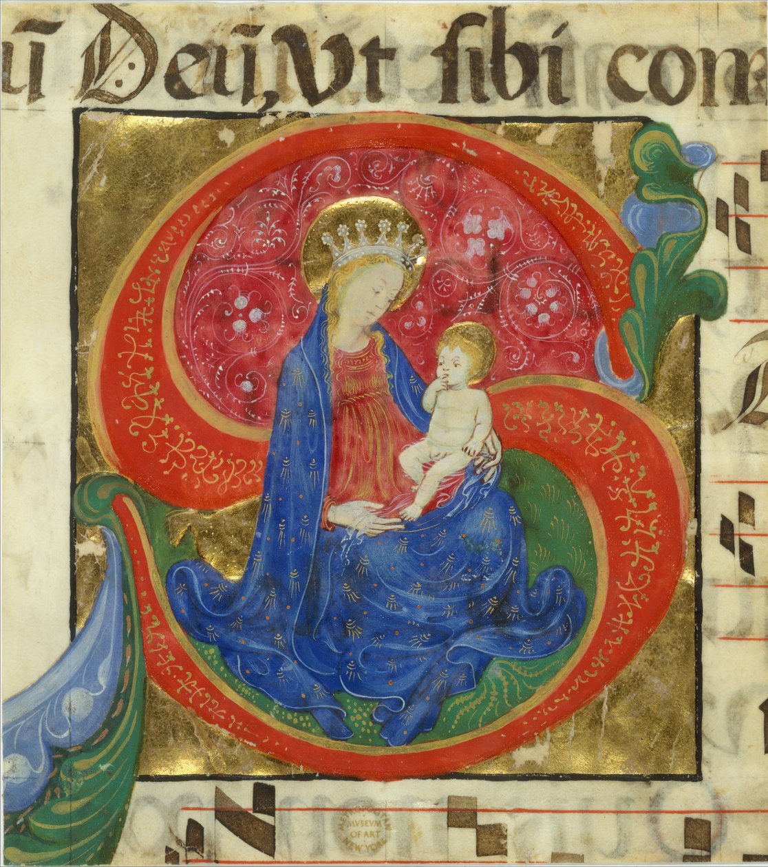 Iluminação Manuscrita com a Virgem e o Menino num S Inicial, de um Antifonário, meados do 15º cen de Master of the Franciscan Breviary
