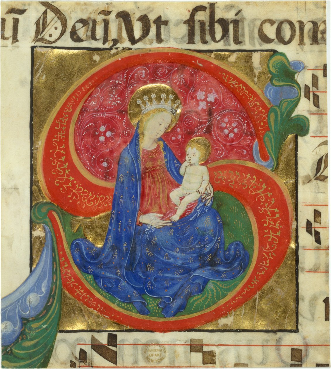 Iluminação Manuscrita com a Virgem e a Criança numa S..., meados do século XV. de Master of the Franciscan Breviary