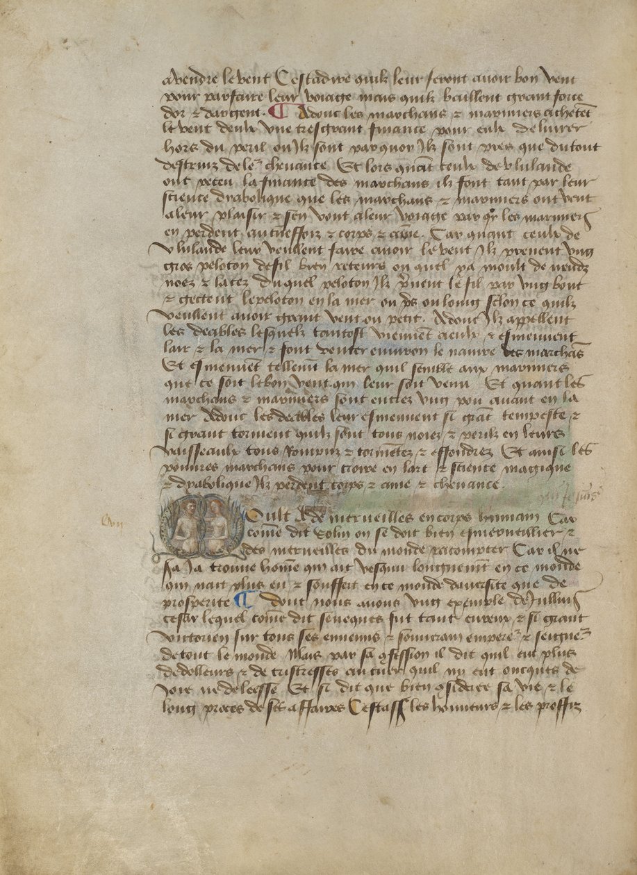 Historiated Initial M: Retrato de busto de um homem e de uma mulher de Master of the Geneva Boccaccio
