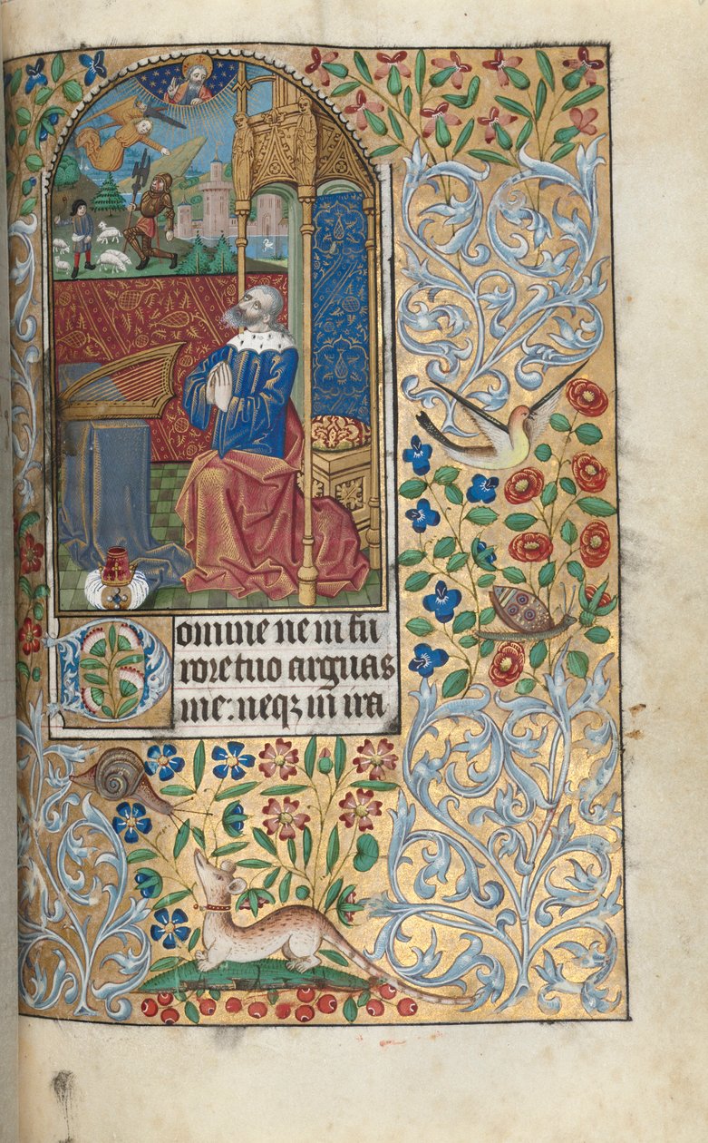 Livro de Horas de Uso de Rouen: fol. 80r, David Penitent, à distância David matando Golias, c1470 de Master of the Geneva Latini