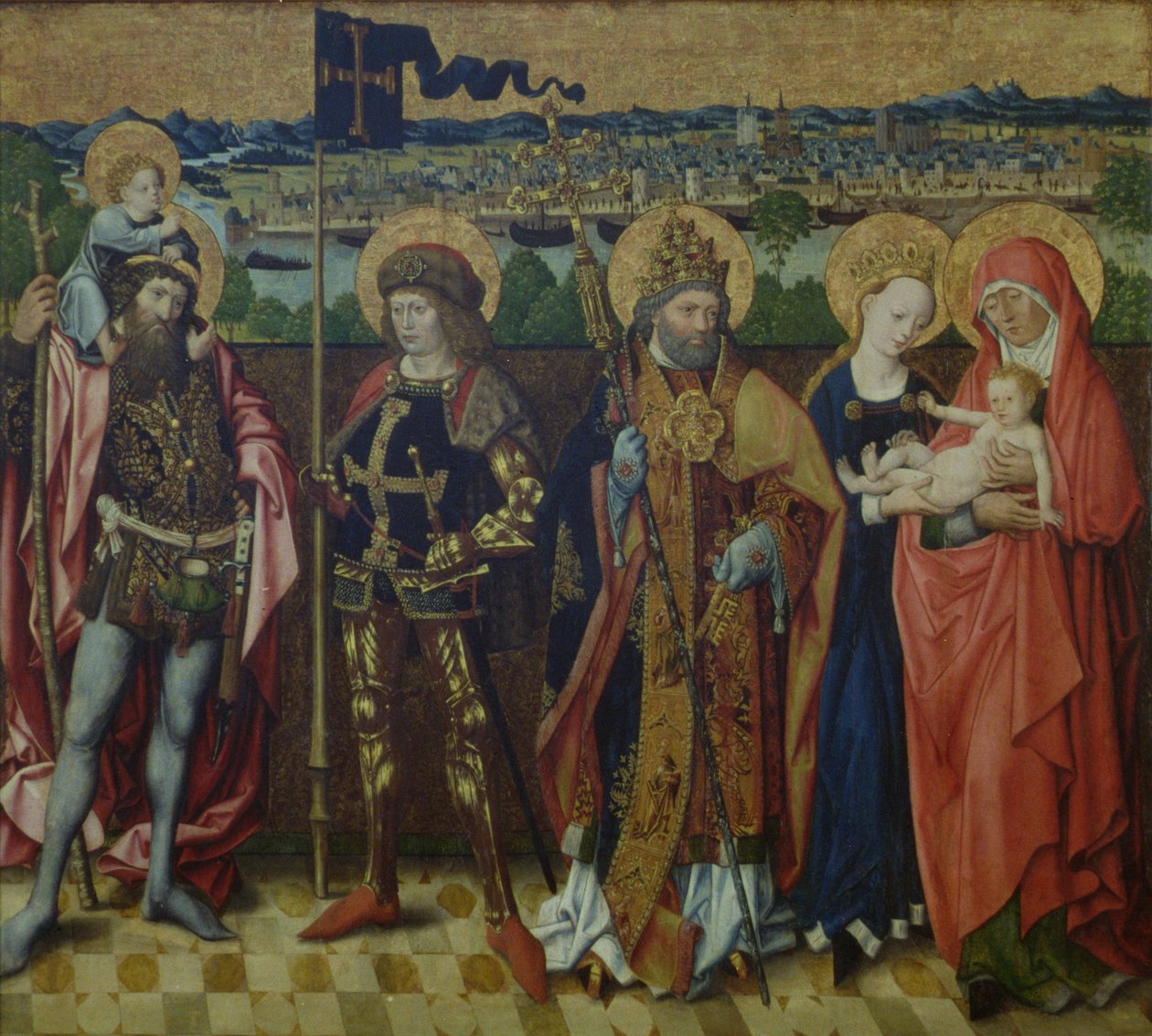 Santa Ana, a Virgem e o Menino, São Cristóvão, São Gereão e São Pedro em uma Paisagem, mostrando Colônia e as Sete Colinas, c.1460-80 (carvalho) de Master of the Glorification of Mary