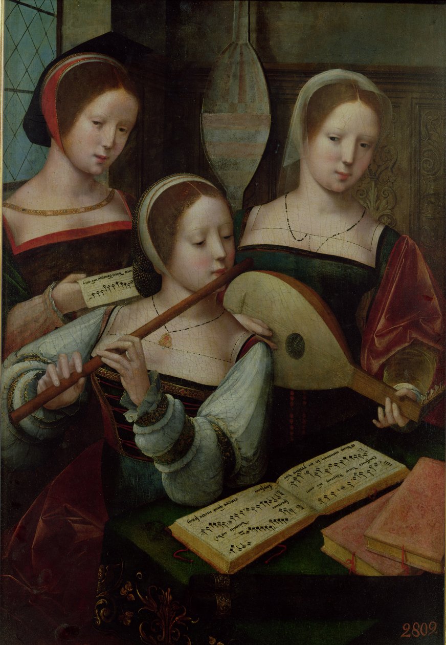 Três músicos (tempera no painel) de Master of the Half Figures