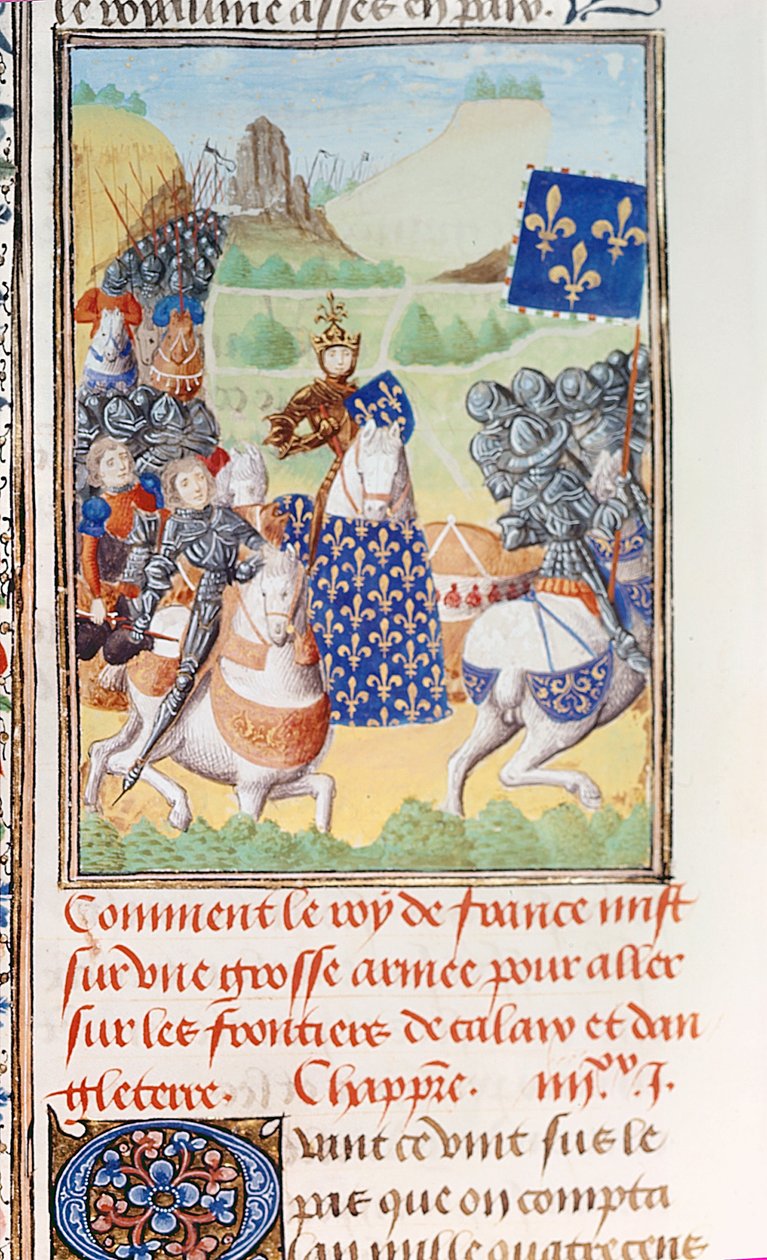Harley 4380 fol.196v O Rei Carlos VI (1366-1422) de França lidera uma expedição contra Calais, da parte 2 Volume IV de "Crónicas de Froissart" de Jean Froissart (c.1333-1404) (vellum) de Master of the Harley Froissart