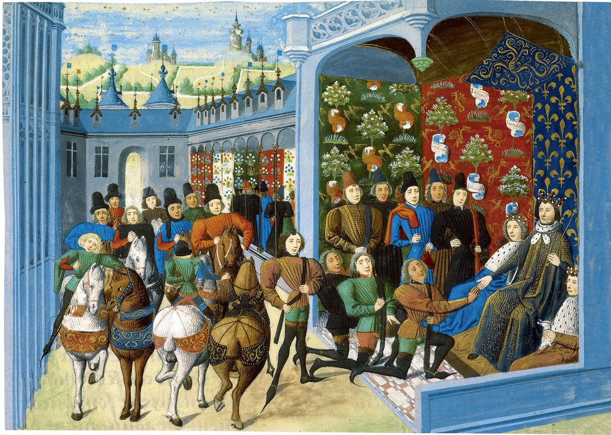 O rei Carlos VI da França recebe os enviados ingleses. Do Jean Froissarts Chroniques, antes de de Master of the Harley Froissart
