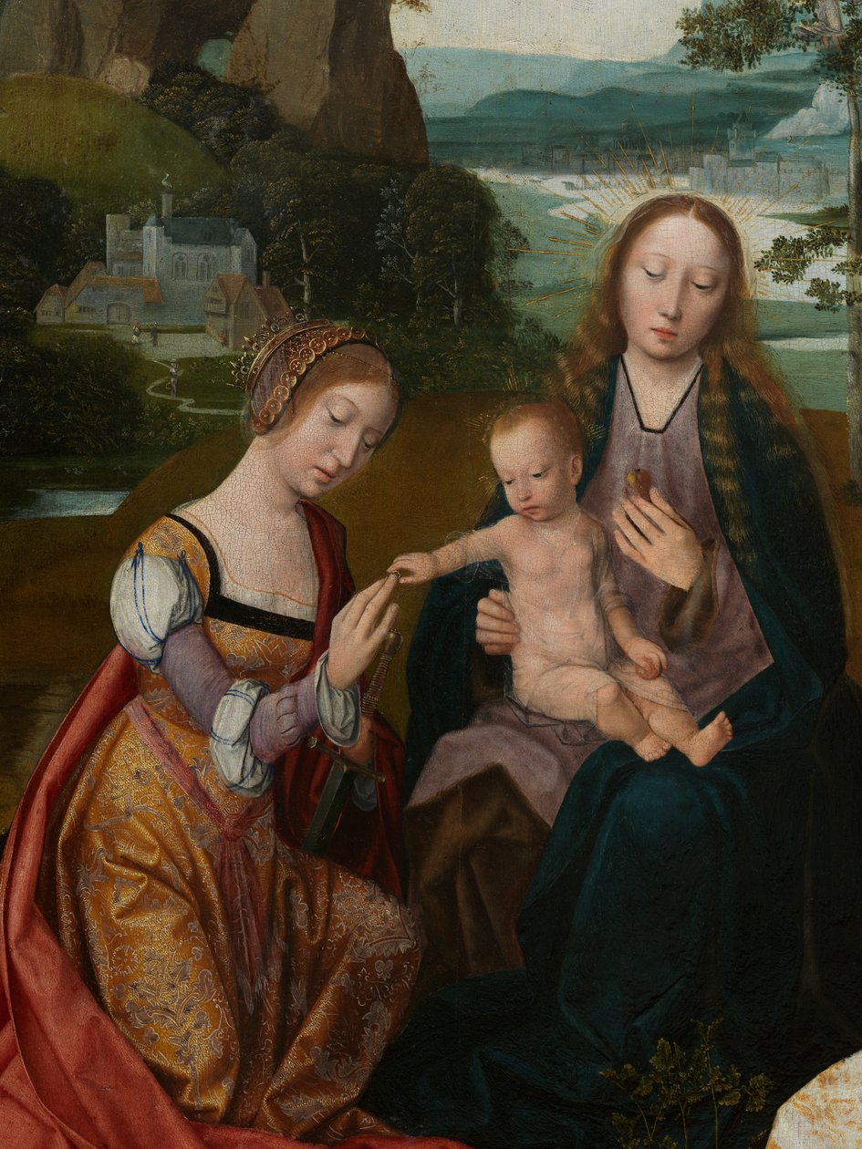 Detalhe do painel central da Virgem e da Criança com Santa Catarina e Santa Bárbara, c.1520-25 (óleo sobre painel) de Master of the Holy Blood