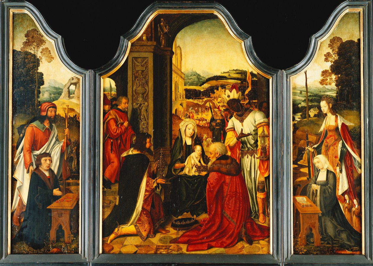 Tríptico: Adoração dos Reis Magos, com São Tiago apresentando o doador e Santa Catarina de Alexandria apresentando a esposa e duas filhas do doador de Master of the Holy Blood