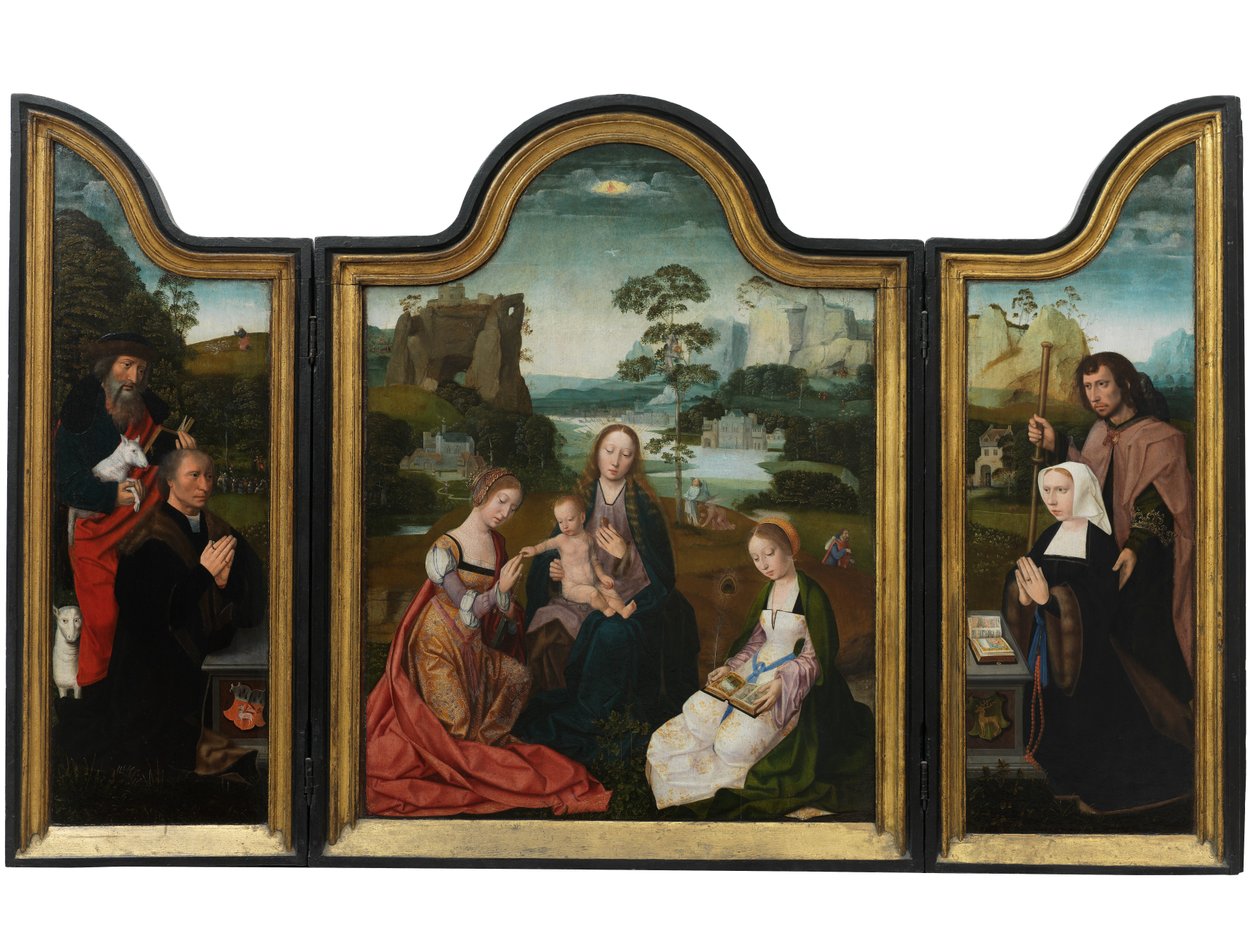 Virgem e Criança com Santa Catarina e Santa Bárbara, c.1520-25 (óleo sobre painel) de Master of the Holy Blood