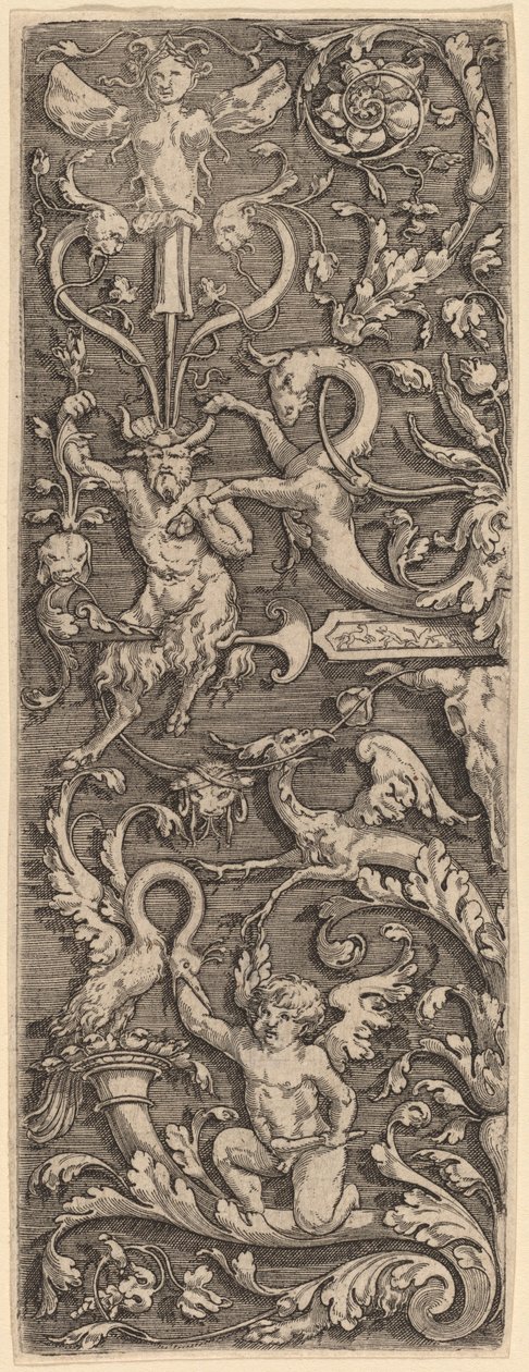 Ornamento com um cupido, um sátiro e figuras grotescas de Master of the Horse Heads