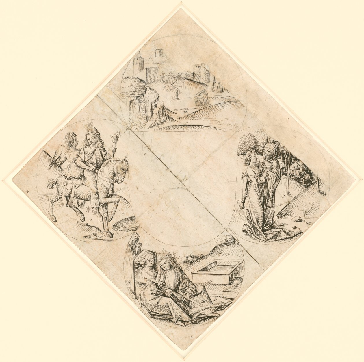Desenho de um Quatrefoil com um castelo, dois amantes, uma donzela tentada por um tolo, um casal sentado junto a uma gamela e um cavaleiro e a sua amante montados num cavalo de Master of the Housebook