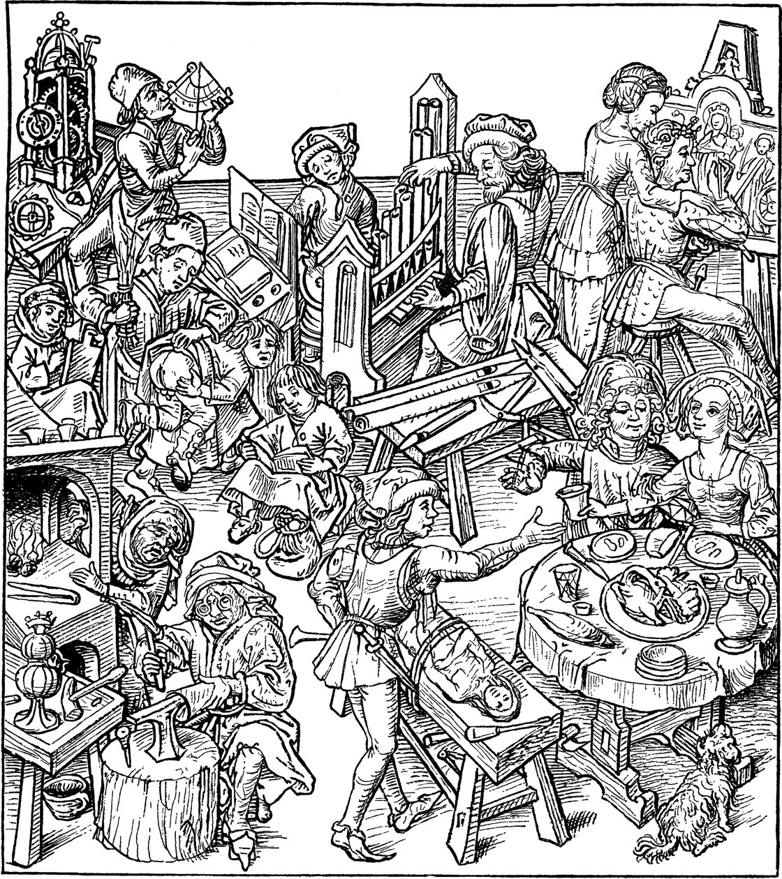 Mercúrio e seus filhos. Ilustração do Housebook, década de 1480 de Master of the Housebook