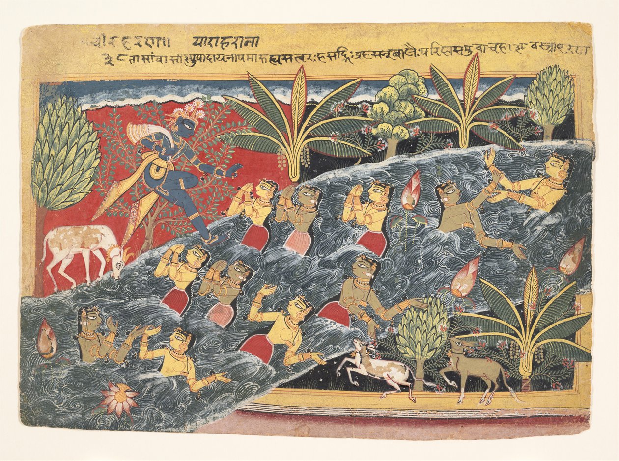 Os Gopis Plead com Krishna para devolver as suas roupas: Folio de Isarda Bhagavata..., ca. 1560-65 de Master of the Isarda
